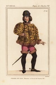 皮埃尔-德-贾克（Pierre de Giac），国王查理七世的侍从官，1377-1426 年。在 Dun-Le-Roi 被处以溺死。他身着带马蹄袖的短袍子、粉色裤子和带马刺的靴子。手绘石版画，取材于手稿 Histoire du