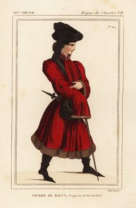 皮埃尔-德-里厄，罗什福尔领主，1389-1439 年。根据 Roger de Gaignieres 的作品集 VI 136 中的肖像绘制的手工彩色石版画，该作品出自 Le Bibliophile Jacob 又名 Paul Lacroix 的《Costumes Historique de la France》（《法国的历史服饰》），法国政府管理。 作者 利奥波德·马萨德（Leopold Massard）