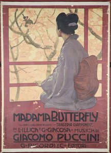 贾科莫-普契尼（Giacomo Puccini，1858-1924 年）创作的《蝴蝶夫人》乐谱的正面插图（彩色石版印刷）（另见 208559） 作者 利奥波多·梅特里科维奇