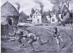 Sergeant Cooper and two comrades dashing off under enemy fire after setting fire to a farmhouse and several ricks (DCM) (litho)