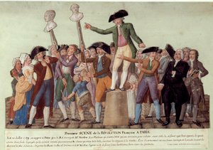 法国革命在巴黎的第一幕：1789年7月12日，在国王解除雅克-内克尔的职务后，卡米尔-德穆兰在皇宫对人群进行骚扰，并号召人们反抗政府。雅克-内克尔和路易-菲利普的半身雕像 作者 莱索尔兄弟