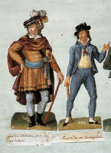 法国大革命：幻想的保皇党花花公子（muscadin）的服装拒绝。 Gouache des freres Lesueur（18 世纪）Musee Carnavalet 作者 莱索尔兄弟