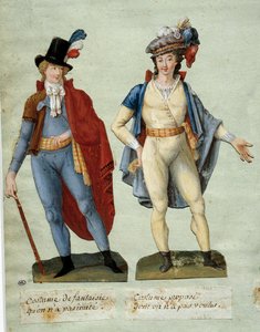 法国大革命：没有被模仿的幻想中的革命者的服装。Gouache des freres Lesueur (18世纪) 作者 莱索尔兄弟
