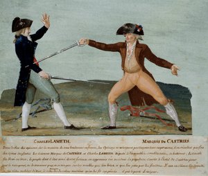 法国大革命：1790 年 11 月 12 日，制宪会议代表 Charles Lameth（1757-1832）与贵族代表 Marquis de Castries（1756-1842）之间的决斗。 . 水粉 作者 莱索尔兄弟