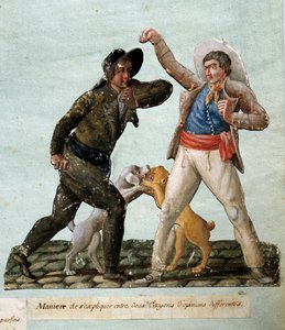 法国革命：两个公民在战斗。Gouache des freres Lesueur (18世纪) 作者 莱索尔兄弟