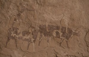 牛和人像，洞穴绘画，杰兰的 Oued，靠近 Djanet，Tassili n