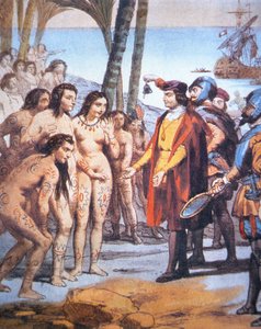 克里斯托弗·哥伦布于 1492 年登陆新大陆，受到泰诺印第安人的欢迎（彩色石版画） 作者 未知未知