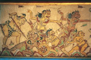 描绘神与恶魔之间战斗场景的壁画，Kertha Gosa 亭，Klungkung 宫（Puri Agung Semarapura），Semarapura，巴厘岛，印度尼西亚 作者 未知未知