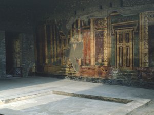 意大利、坎帕尼亚、奥普隆蒂、托雷安农齐亚塔考古区、罗马别墅 Poppaea、具有第二庞贝风格建筑图案的壁画 作者 未知未知