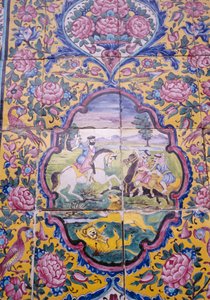 猎狮，Qavam 房屋前面的彩色瓷砖装饰，也称为 Narenjestan e Ghavam 作者 未知未知
