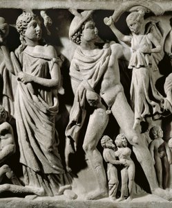 大理石石棺、描绘普罗米修斯神话、细节、爱马仕和 Parcae 或命运之一的浮雕，来自阿尔勒 作者 未知未知