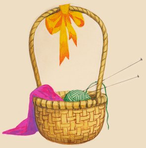 装有毛线球、针和针织品的柳条筐，绘图 作者 未知未知
