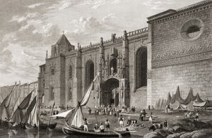 里斯本的Mosteiro dos Jeronimos Belem，来自欧洲主要城市的精选景观，由JH Le Keux雕刻，于1832年在伦敦出版 作者 巴蒂中校