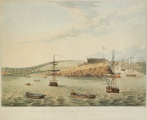 袭击美国北部安大略湖的奥斯威戈堡。 1814年5月6日，正午，以及第二营皇家海军陆战队和海员一行闯入奥斯威戈堡，午夜十二时十五分15m，由R. Havell雕刻，1815年 作者 休伊特中尉