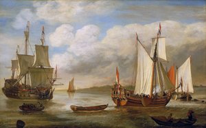 各种荷兰船只：帆船、轮船和驳船。Lieve Pietersz Verschuier（1630-1686 年）的布面油画。