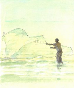 Lone Fisherman 2,2015（笔和墨水在纸上用wc） 作者 林肯·塞利格曼