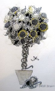 向日葵插花，2015（钢笔和墨水） 作者 琳达·亚瑟（Linda Arthur）