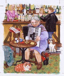 奶奶、猫和手风琴（纸上水彩画）