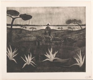 丘陵景观中牧羊人与一群羊 Le Troupeau（原标题） 作者 Lodewijk Shelfhout（艺术家签名）