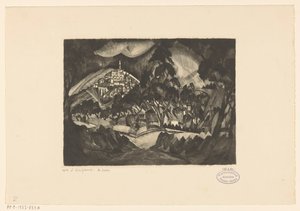 有树木和建筑物的丘陵景观 Le Soir（物体上的原始标题） 作者 Lodewijk Shelfhout（艺术家签名）