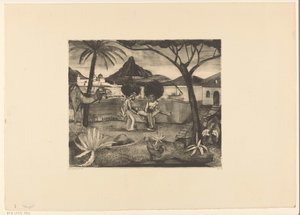 两个男人背着一个男人在花园里 作者 Lodewijk Shelfhout（艺术家签名）