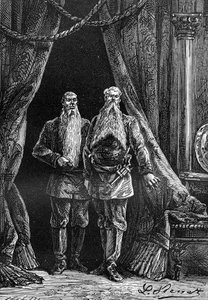 莱昂-贝内特（Leon Benett）根据儒勒-凡尔纳（Jules Verne）的著作《白求恩的五亿》（The 500 million of the Begum）绘制的图画--1879 年版 Hetzel/Extraordinary Voyages。Arminius 和 Sigimer，两个令人印象深刻的大胡子。