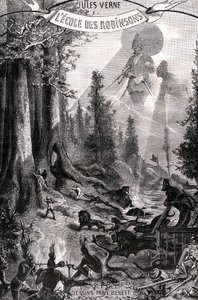 儒勒-凡尔纳的小说 "鲁滨逊学校 "的封面插图，1882 年 Hetzel 系列/Voyages extraordinaire。莱昂-贝内特（Leon Benett）的画作，右上方向丹尼尔-德-福或笛福（Daniel de Foe or Defoe，1660 - 1731 年）的《鲁滨逊与星期五》致敬。