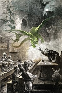 儒勒-凡尔纳小说《卡帕斯城堡》插图，1892 年 Hetzel/Voyages extraordinaire 版，莱昂-贝内特绘制。赫莫德魔法师用龙、费用、恶魔、幽灵、复仇者......唤起了人们对城堡的回忆。