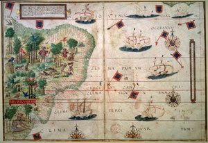 巴西水文地图 - 制图师 Loppo Homem 于 1519 年巴黎绘制的手稿“葡萄牙航海地图集”。 B.N. - 巴西水文地图 - 摘自 Loppo Homem 的彩绘手稿“英国航海地图集”（16 世纪） 作者 洛波之家