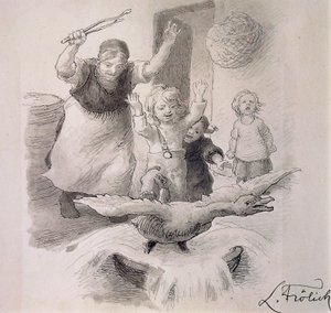 丑小鸭，由 Lorenz Frolich（1820-1908）为汉斯·克里斯蒂安·安徒生（1805-1875）的童话插图绘制。