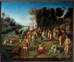 伊莎贝尔-德-埃斯特宫廷的寓言（1474-1539） 表现天堂花园中艺术的和谐与和平的场景。洛伦佐-科斯塔（1460-1535）的画作，16世纪的太阳。1,64x1,97米