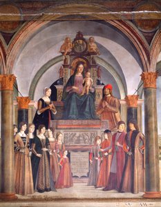 天使与圣母子》，洛伦佐-科斯塔（Lorenzo Costa，约 1537-1583 年）作品，意大利博洛尼亚圣贾科莫-马焦雷教堂本蒂沃利奥小教堂 作者 洛伦佐·科斯塔（Lorenzo Costa）