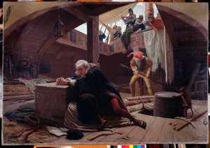 The explorer and navigator Christopher Columbus (Christopher Columbus, Cristoforo Colombo, Cristobal Colon) (1451-1506) returning from his third voyage is chained in the cargo hold