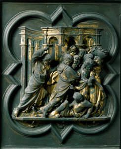 北门（称为十字架之门，在北方），外部细节。洛伦佐-吉贝尔蒂（Lorenzo Ghiberti，1378-1455）制作的 "耶稣追赶圣殿中的商人 "青铜雕像 作者 洛伦佐·吉贝蒂（Lorenzo Ghiberti）