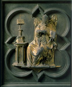 North Gate (called Gate of the Cross, to the North), exterior detail: Saint Augustine. Bronze sculpture made by Lorenzo Ghiberti (1378-1455) 作者 洛伦佐·吉贝蒂（Lorenzo Ghiberti）
