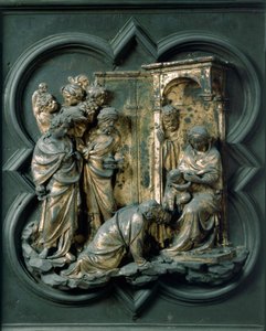 North Porte (called Gate of the Cross, to the North), exterior detail: Adoration of the Magi. Bronze sculpture made by Lorenzo Ghiberti (1378-1455) 作者 洛伦佐·吉贝蒂（Lorenzo Ghiberti）