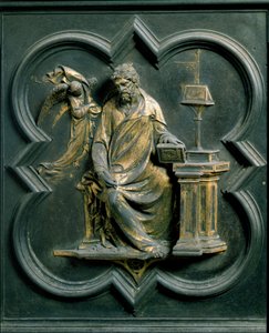北门（称为Porte de la Croix，向北），外部细节。圣马修（Saint Mathieu）。洛伦佐-吉贝尔蒂（1378-1455）制作的青铜雕塑 作者 洛伦佐·吉贝蒂（Lorenzo Ghiberti）