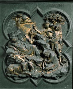 North Porte (called Porte de la Croix, to the North), exterior detail: the Nativite. Bronze sculpture made by Lorenzo Ghiberti (1378-1455) 作者 洛伦佐·吉贝蒂（Lorenzo Ghiberti）