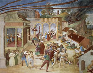 圣芭芭拉被领着穿过城市街道，洛伦佐-洛托（Lorenzo Lotto，约 1480-1556 年）的《基督-藤蔓和圣芭芭拉的传说》壁画细节，苏阿尔迪别墅，苏阿尔迪城堡，特雷斯科巴尔内里奥 作者 Lorenzo Lotto