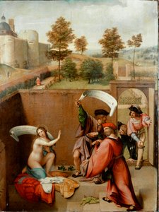 苏珊在洗澡或“苏珊和老人”。 角色使用 phykacteres 或写下他们的歌词。 Lorenzo Lotto (1480-1556) 1517 年作画。 Galleria degli Uffizi (Offices) Florence