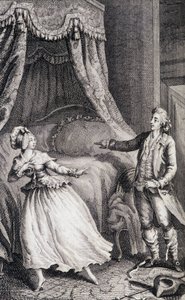 卧室床前的夫妇 - 在 "Les francaises ou 34 examples chosen in the current mores fit to lead daughters, women, wives, mothers" by Restif de La Bretonne (1734-1806), ill. by Binet, Neufchatel