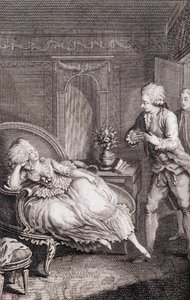 Gentilhomme向一位在牧羊女身上苦苦挣扎的女士宣布他的爱意--载于《Les francaises ou 34 examples chosen in the current mores suitable to lead daughters, wives, mothers》，作者Restif de La Bretonne（1734-1806），Binet提供插图，Neufchatel 作者 Louis (after) Binet