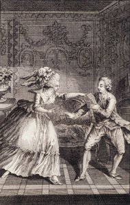 Le billet doux subtilisé (libertinage) - 在 "Les francaises ou 34 examples chosen in the current mores fit to lead daughters, women, wives, mothers" by Restif de La Bretonne (1734-1806) , ill. by Binet, Neufchatel