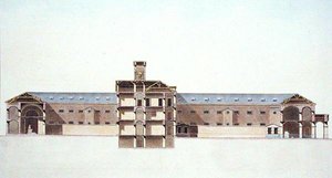 布鲁塞尔新监狱的横截面图，摘自皮埃尔-雅克-戈特盖布尔的《皇家最值得纪念的古迹、建筑和房屋的选择》，由作者雕刻，1827年出版（水印）。 作者 路易（后）达梅斯