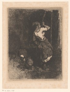 妇女从井中打水，旁边坐着一个孩子 作者 路易斯·阿道夫·赫维尔（归因于）