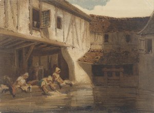 妇女们在水上住宅区的开放式大厅里洗澡 作者 Louis Adolphe Hervier（艺术家签名）
