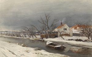 Winterlandschaft mitHäusern和einem Kanal（冬季景观与运河上的房屋）。 1874年