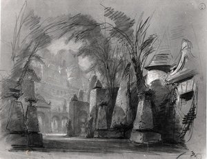 维克多-雨果（1802-85）的 "Les Burgraves"（1843）的场景设计（纸上铅笔）（黑白照片） 作者 路易斯·布朗厄尔