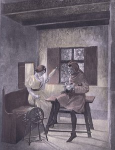 Simona 纺纱，来自 Navarre Society 1930 年代出版的薄伽丘十日谈的插图（石版画）