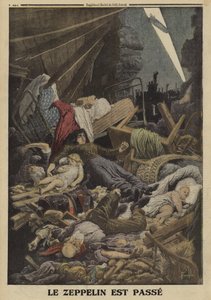 在德国齐柏林飞艇的轰炸中丧生的家庭，第一次世界大战，1916年（彩色平印）。 作者 路易斯·查尔斯（后）轰炸
